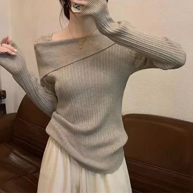 Solid Slim Off-Shoulder Knit Sweater for Women