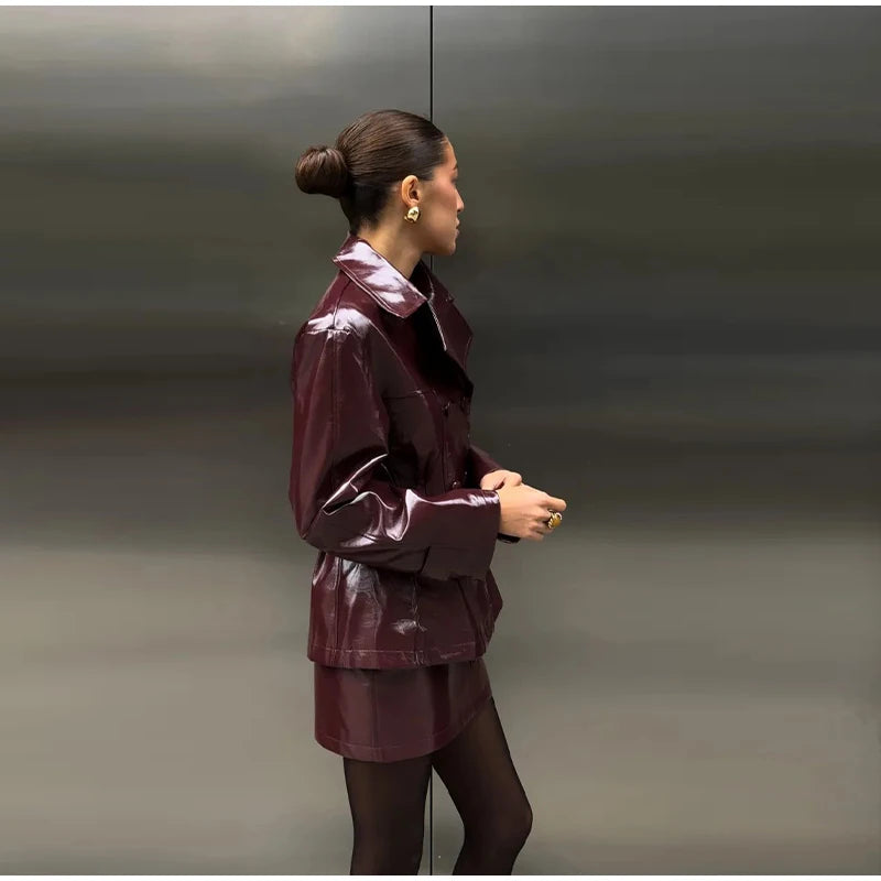 Fashion PU Leather Skirt Sets Women Lapel Long Sleeve