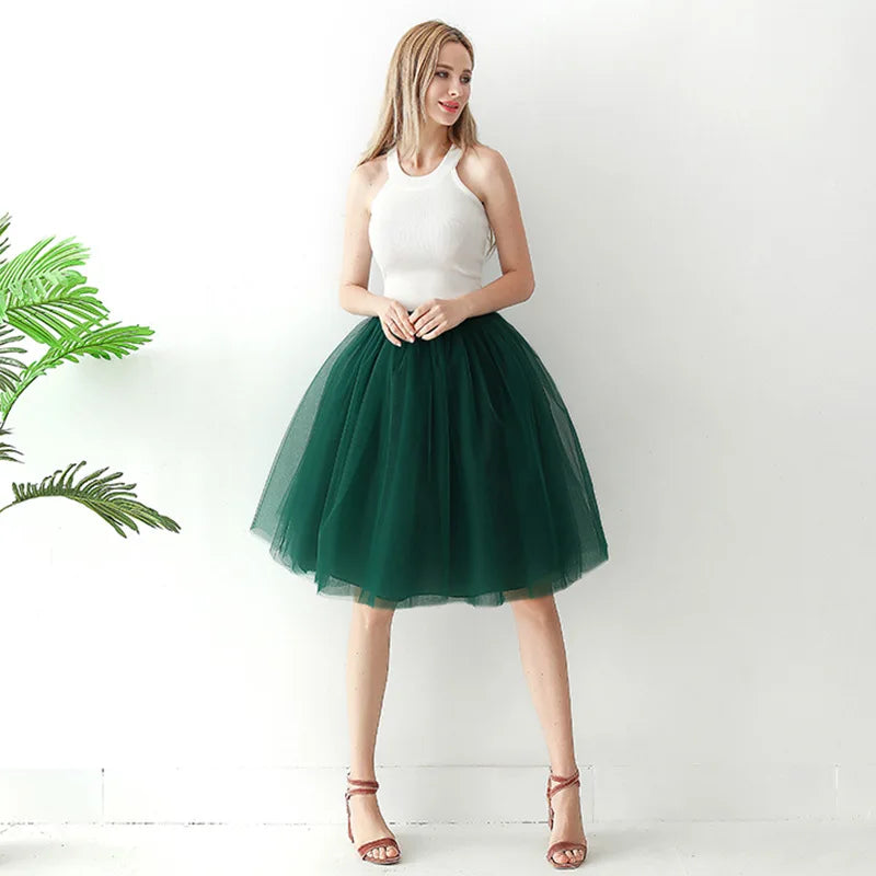 5-Layer Black Pleated Tulle Midi Skirt