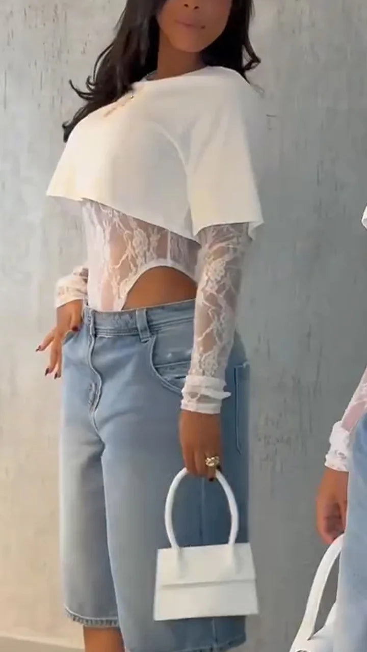 Soild Women Crop Top Sexy Lace Jacquard Full Sleeve Bodysuit Autumn Slim Matching Basic Skinny Tees Hottie Street Clubwear