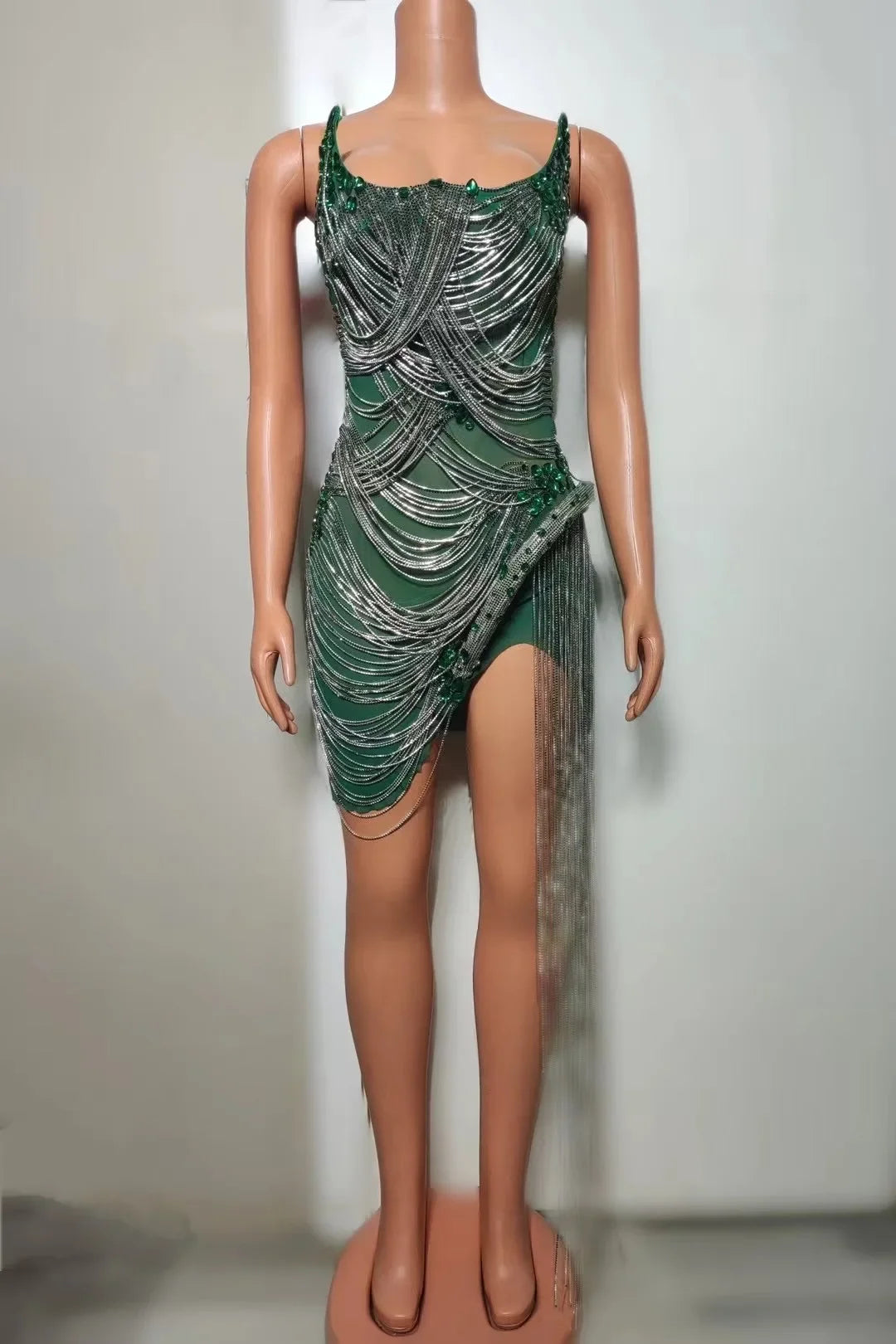 Women Celebrate Birthday Evening Dress Prom Outfit Sexy See Through Show Stage Wear STOCK Rhinestones Chains Crystals Dress