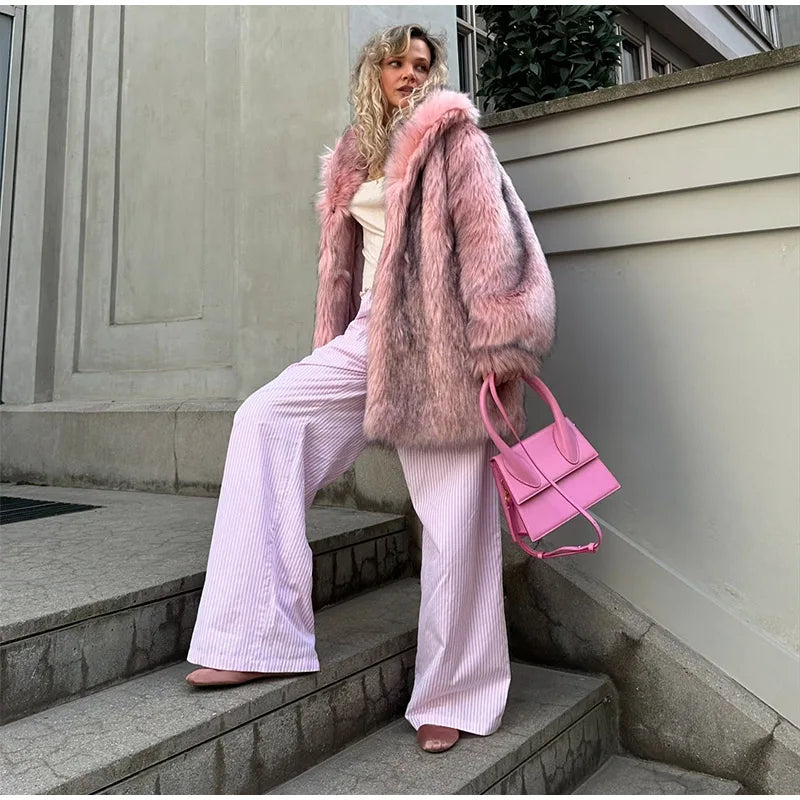 Retro Lapel Rose Red Faux Fur Coats Women