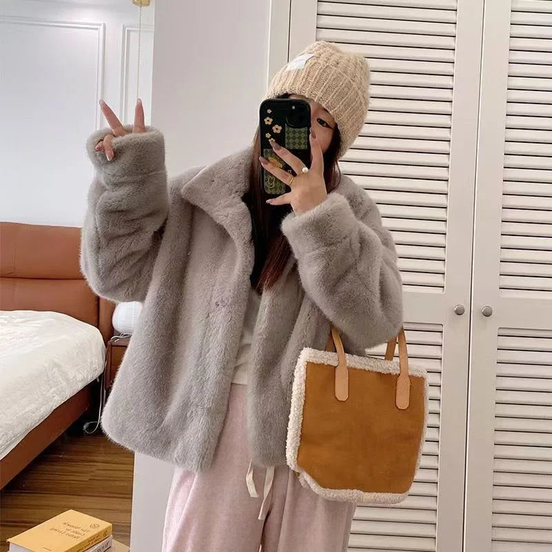 Women Fashion Stand Collar Mink Fur Top Female Long Sleeves