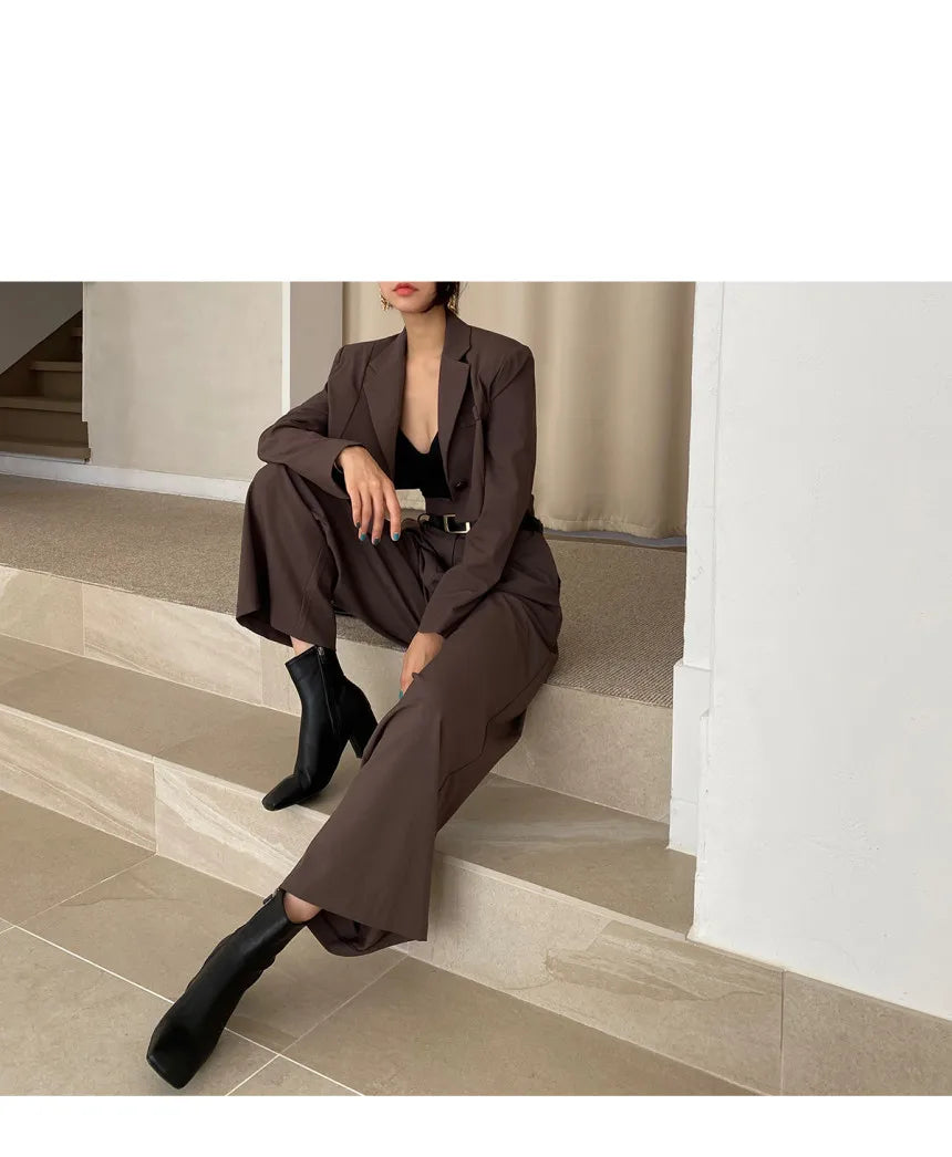 Chic Retro Lapel ort One Button Suit Jaet High Waist Wide Leg Pants