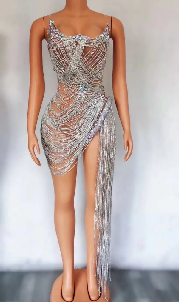 Women Celebrate Birthday Evening Dress Prom Outfit Sexy See Through Show Stage Wear STOCK Rhinestones Chains Crystals Dress