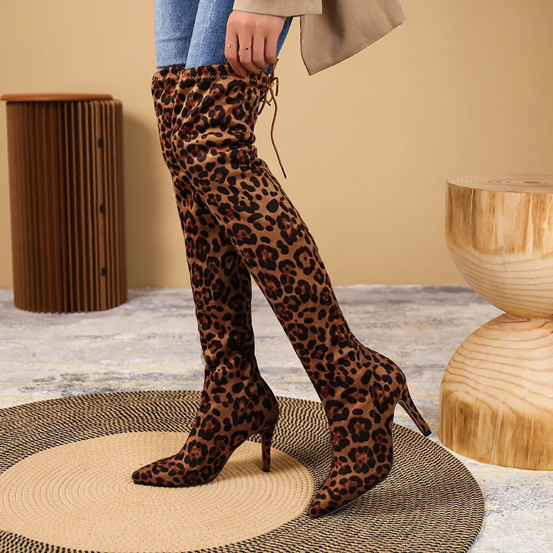 Ladies Fashion Leopard Print Over Knee Boots