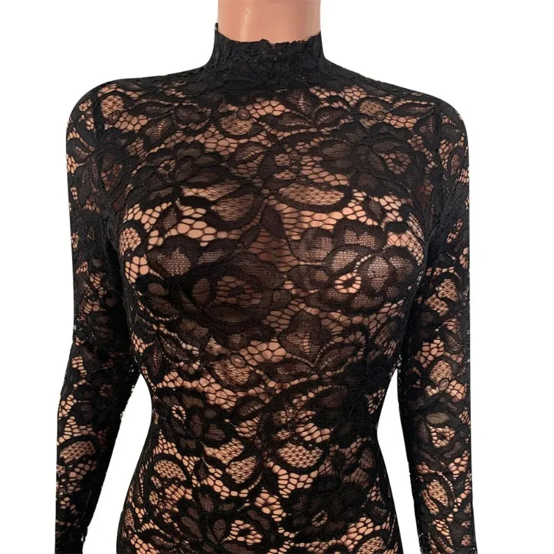 Sexy Night Party Wedding Evening Lace Dress Women See-through Hollow Out Cascading Ruffle Mermaid Bodycon Midi Dress Vestidos