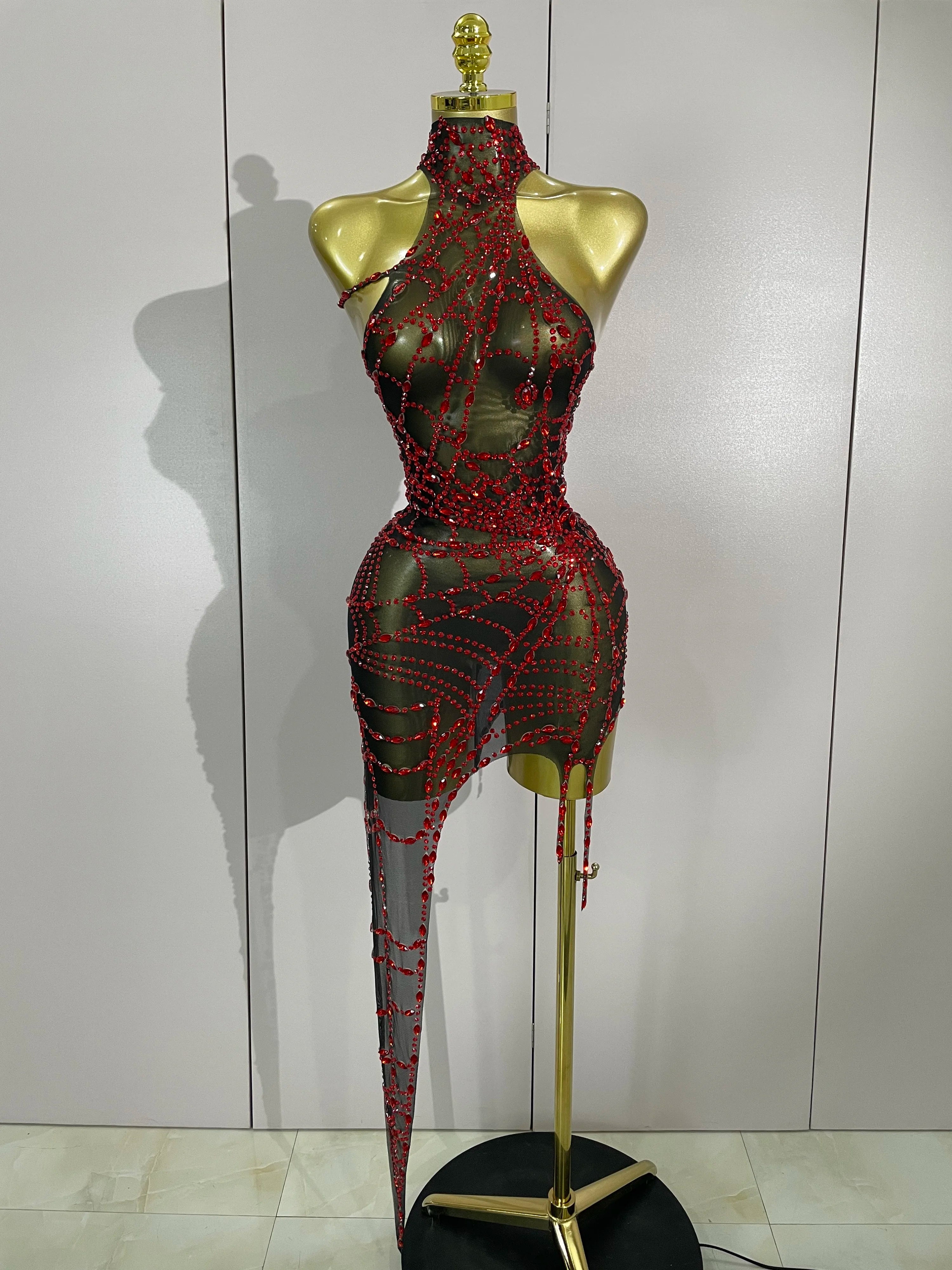 STOCK Sparkly Diamond Sexy Mesh Asymmetric Bodycon Mini Dress Women Nightclub Bar Party Show Gogo Dancer Clothing Stage Costume