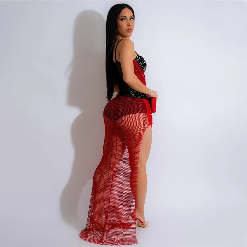 CM.YAYA Women Mesh Strapless Perspective Rhinestone Strap Maxi Long Dress
