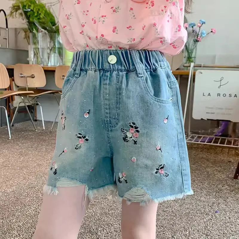 Girls' Cartoon Embroidered Denim Shorts
