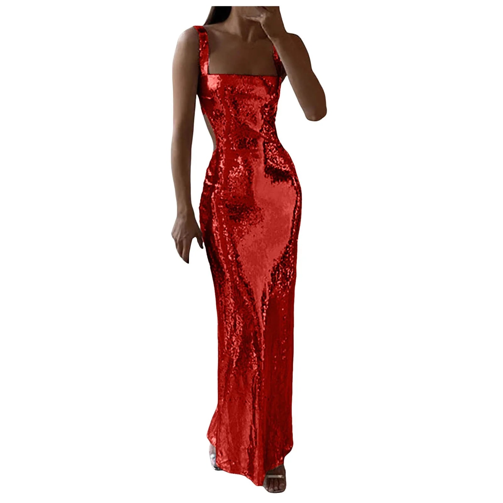 Sexy Spaghetti Strap Sequin Dresses Silver Glitter Backless Slim Fit Bodycon