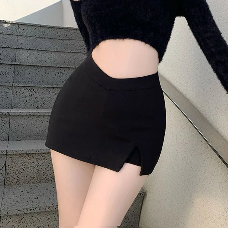 Black High-Waist Split Mini Skirt for Women