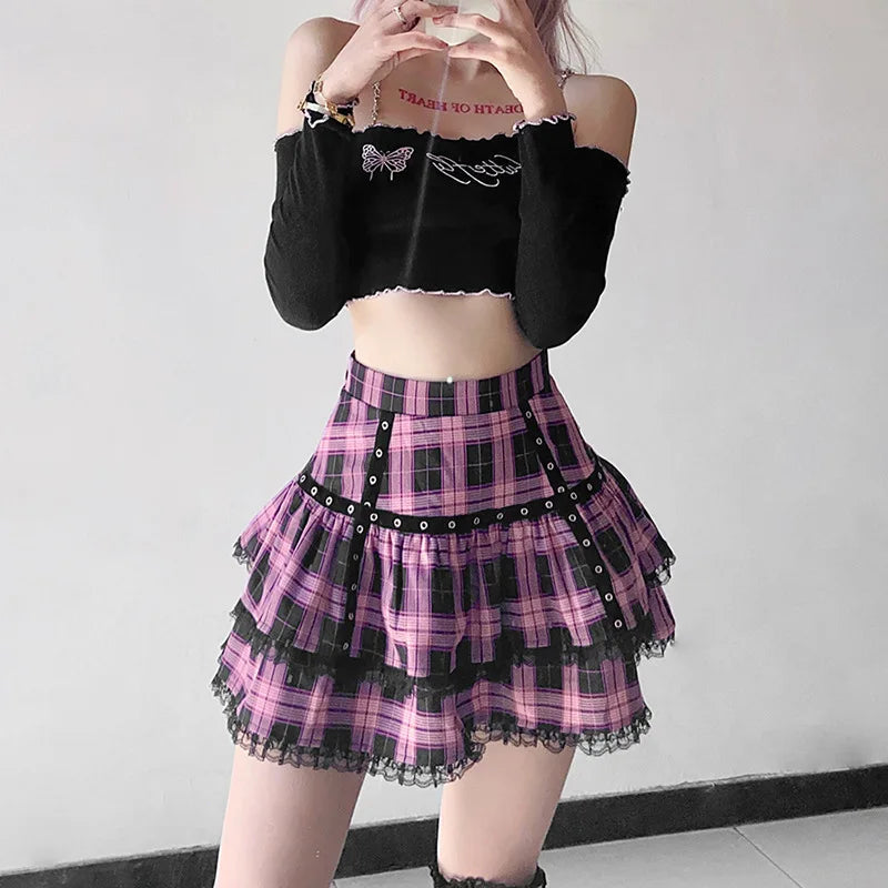 Gothic Lace Ruffle Mini Skirt for Women