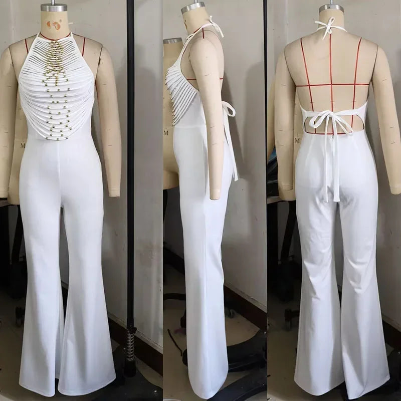 Sexy Halter Backless Jumpsuit Women Elegance High Waist Flare Pants Sleeveless Beading Ruched Party Romper Club Birthday Outfits