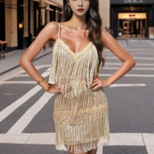 Women's Sexy Dress Low-cut V-neck Suspenders Tassel Design Fashion Sexy Nightclub Short Skirt  Women Wedding Dresses