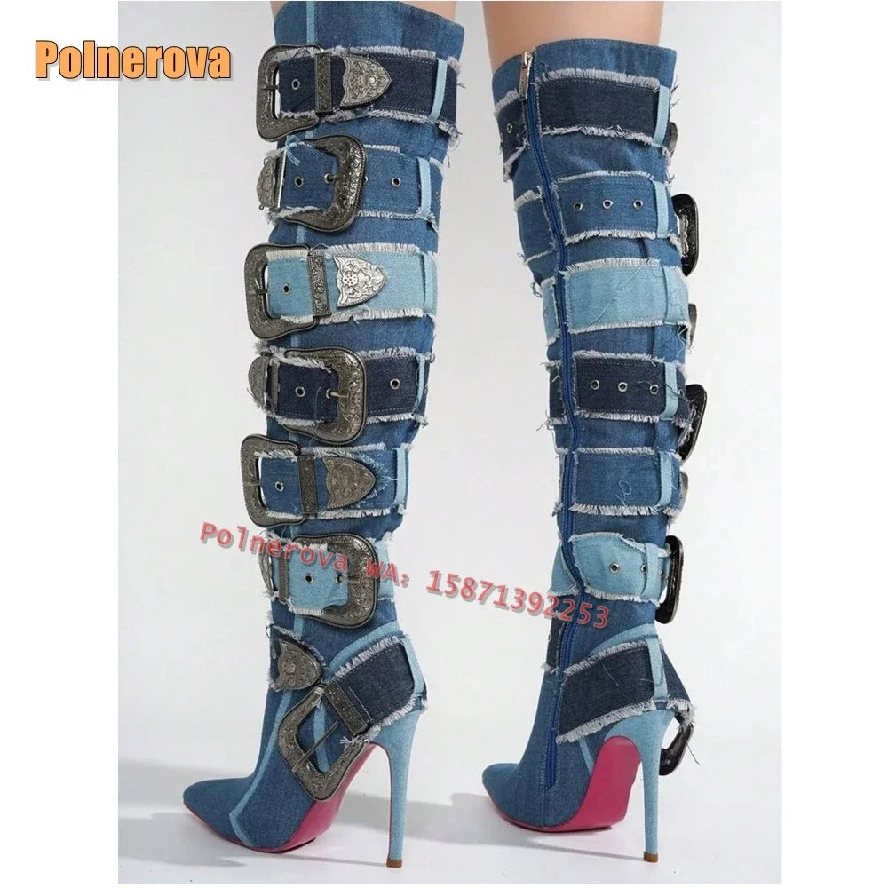 Metal Belt Buckle Canvas Fashion Boots Pointed Toe