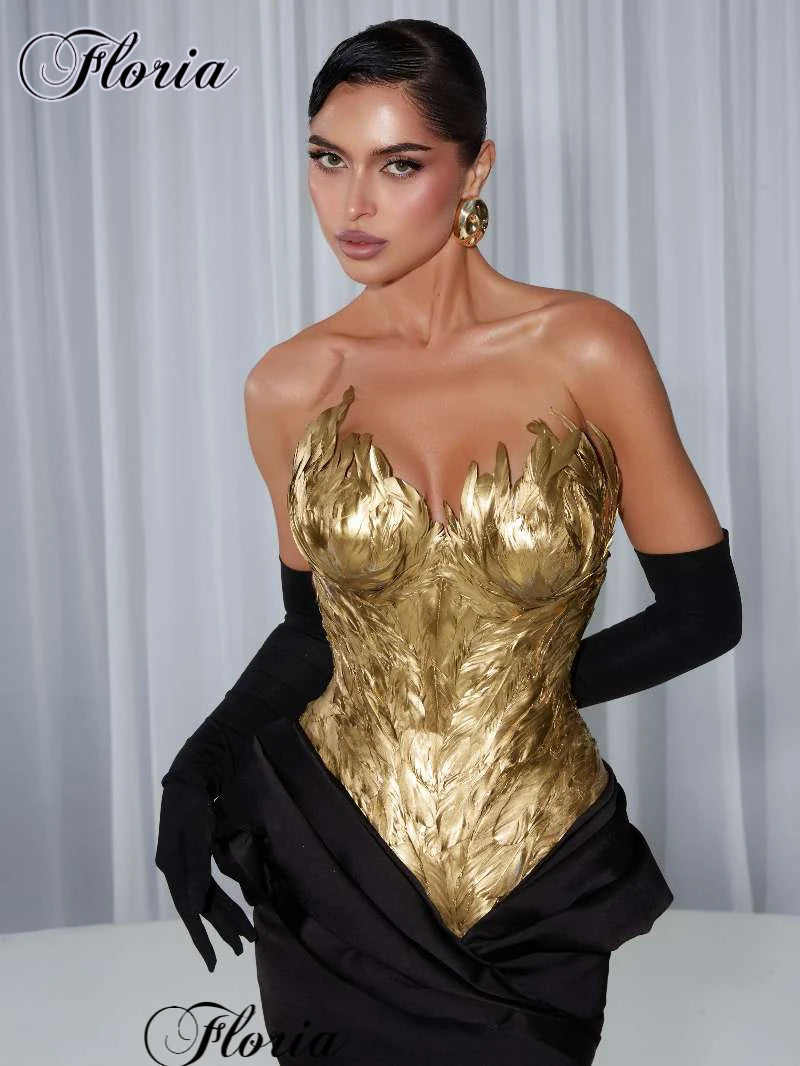 Simple Mermaid Prom Dresses With Gold Feathers