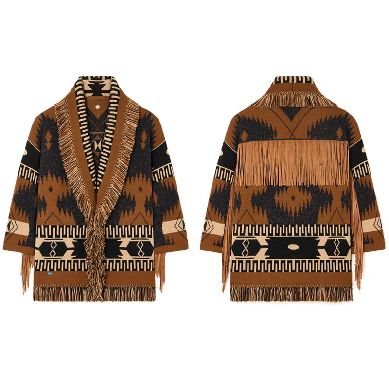Geometric Jacquard Fringe Belted Waist