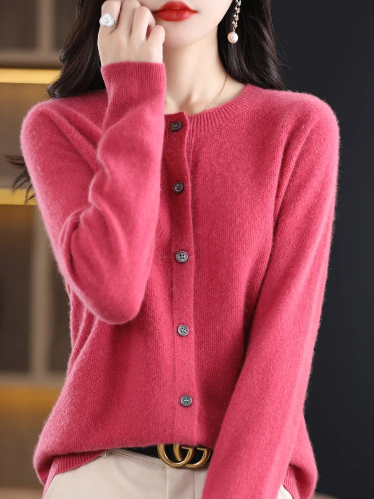 Chic Women's O-Neck Merino Wool Cardigan