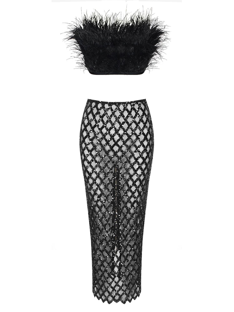 Sexy Luxury Sequins Feather Strapless Top+ Skirt Two Piece Set