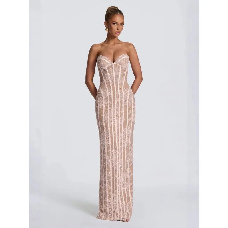 2026 New Womens Elegant Strapless Lace Maxi Dress