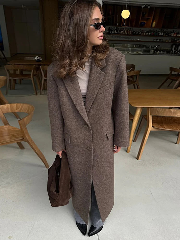 Fashion Waist Cinching Woolen Long Coats For Women Lapel Long Sleeve Single-breasted Shoulder Pad Coat New Lady Commuter Outwear
