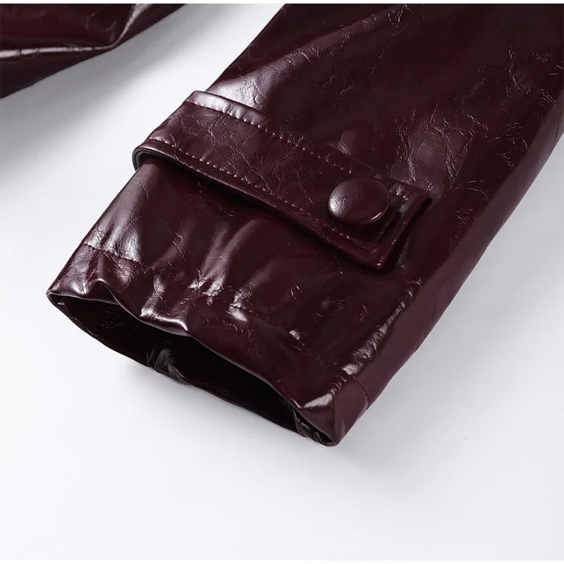 Fashion PU Leather Skirt Sets Women Lapel Long Sleeve