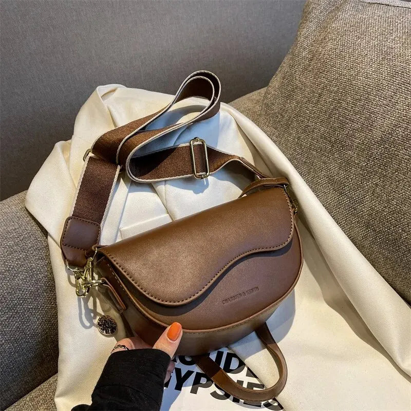 Vintage Solid Color Saddle Shoulder Bag