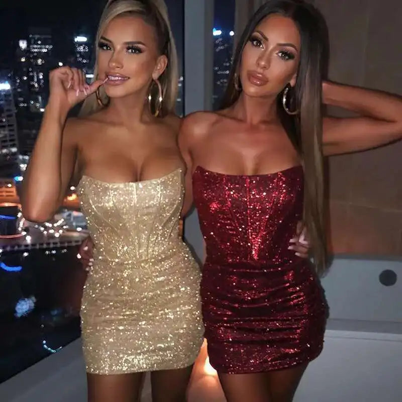 Sliver Glitter Sexy Dress Women Strapless Skeleton Mini Summer Bodycon Dress