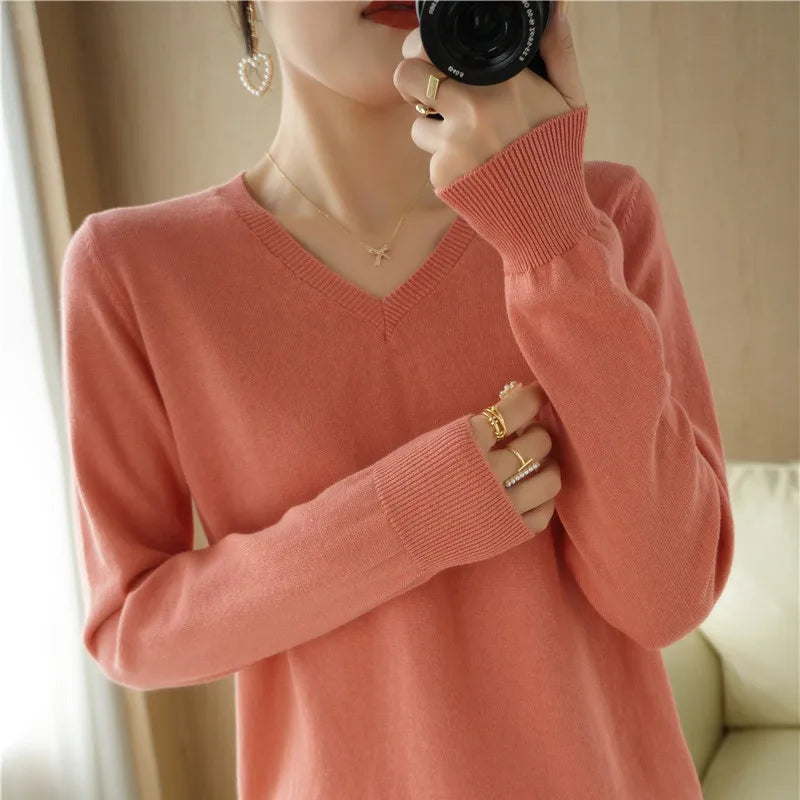 Peach V-Neck Knitted Sweater for Women