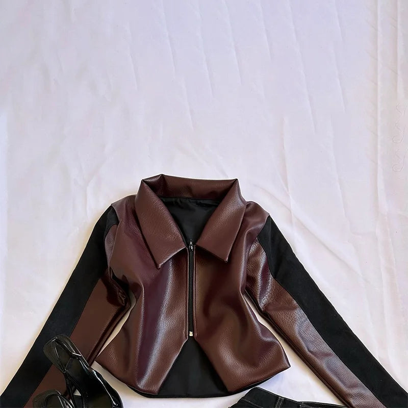Fashion PU Leather Patchwork Slim Fit Zip Up Jacket Coat