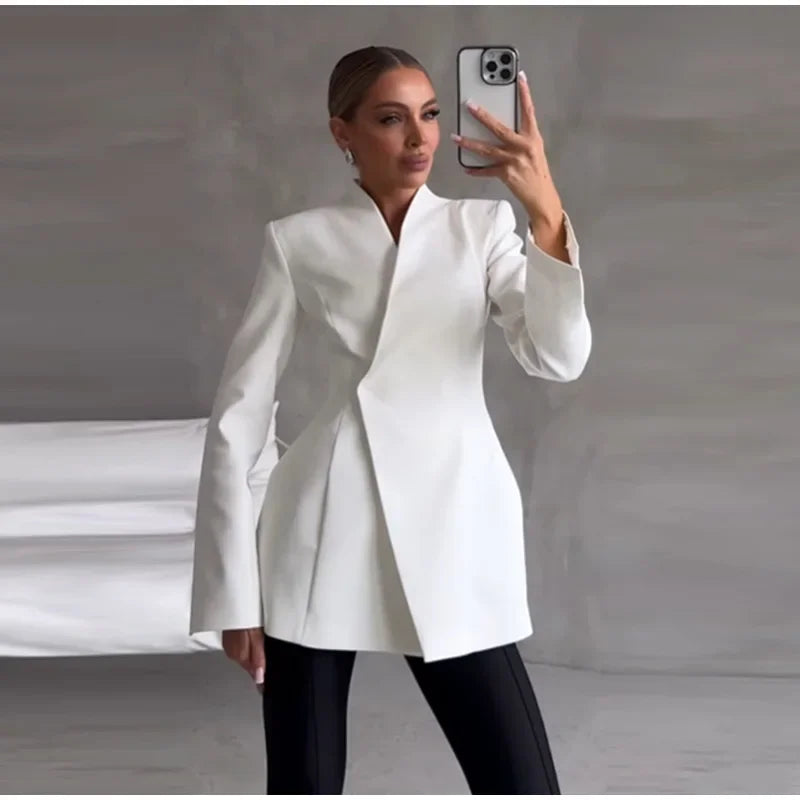 Blazer Skirt Set Women Solid One Button Suit Coat Pleated See Through Fishtail Skirts Outfit  Spring Elegant Lady Party Suit