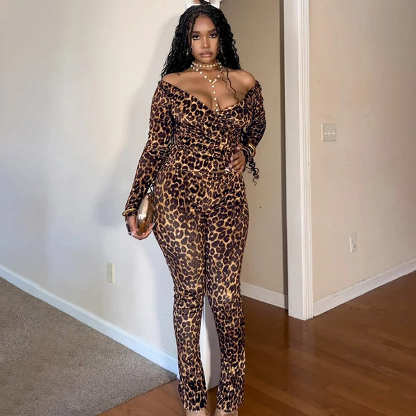 CUTENOVA Women Sexy Leopard Print V-Neck Off-Shoulder Crop Top & High-Waisted Bodycon Pants Hot Girl Set Fashion Streetwear Suit