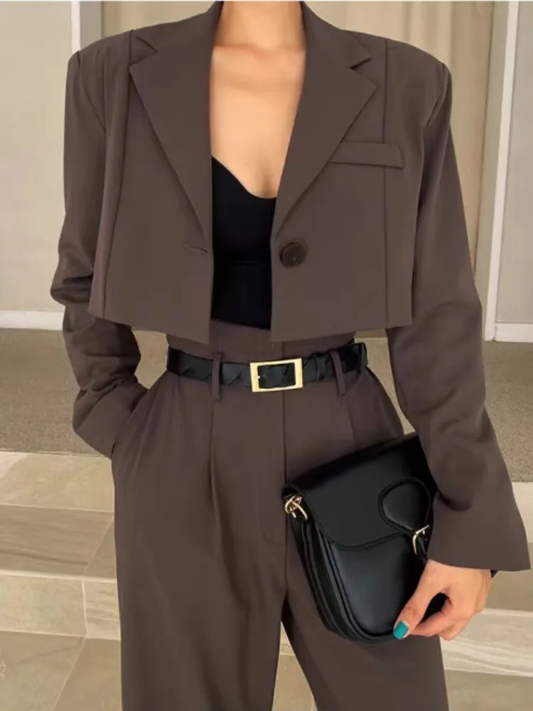 Chic Retro Lapel ort One Button Suit Jaet High Waist Wide Leg Pants Set Loose Fit Casual Office Wear Spring Autumn Winter