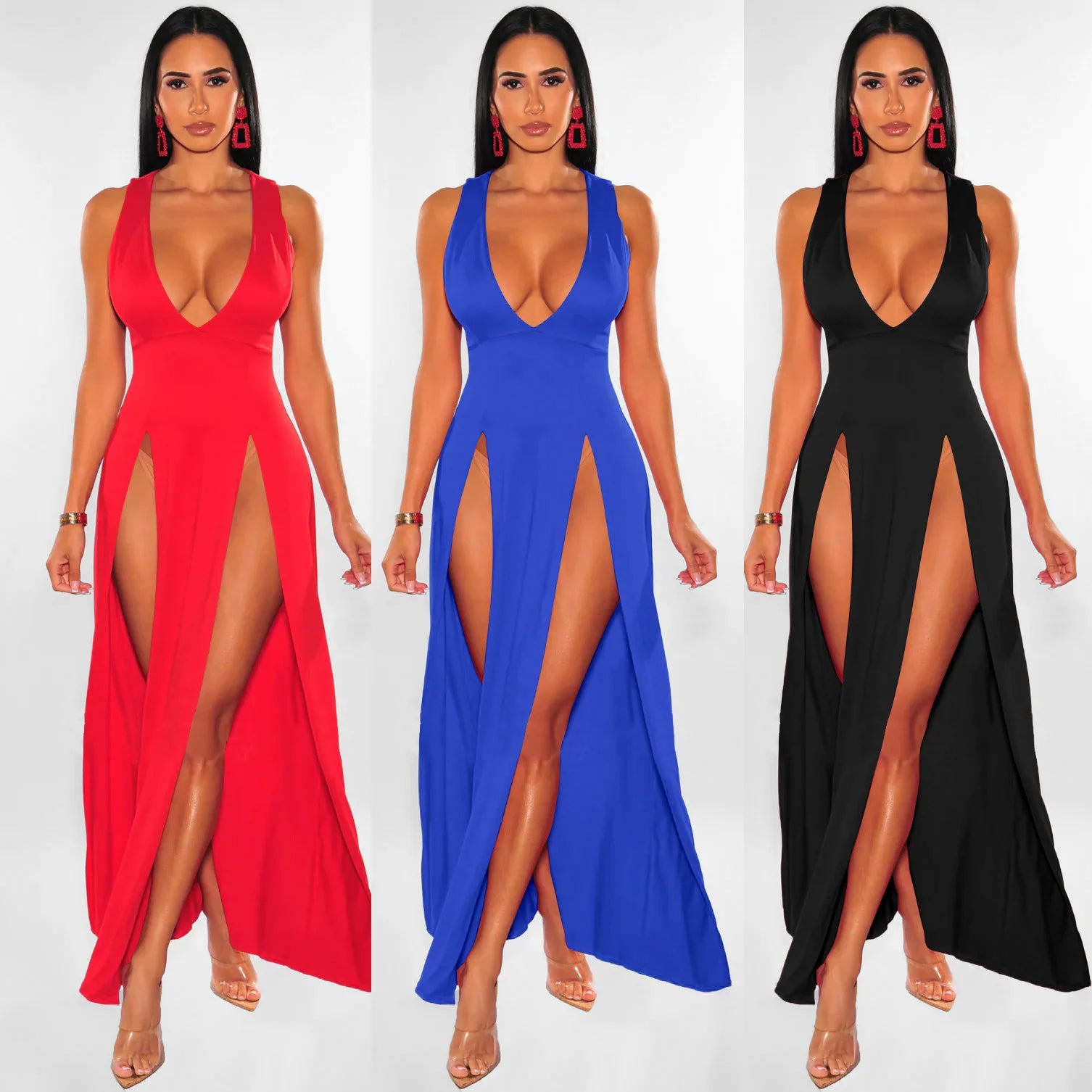 Sexy Lingerie Porno Exotic dresses New Low-Cut V-Neck Sleeveless Double Slit Sexy Black Suspender High Slit Honeymoon Dress