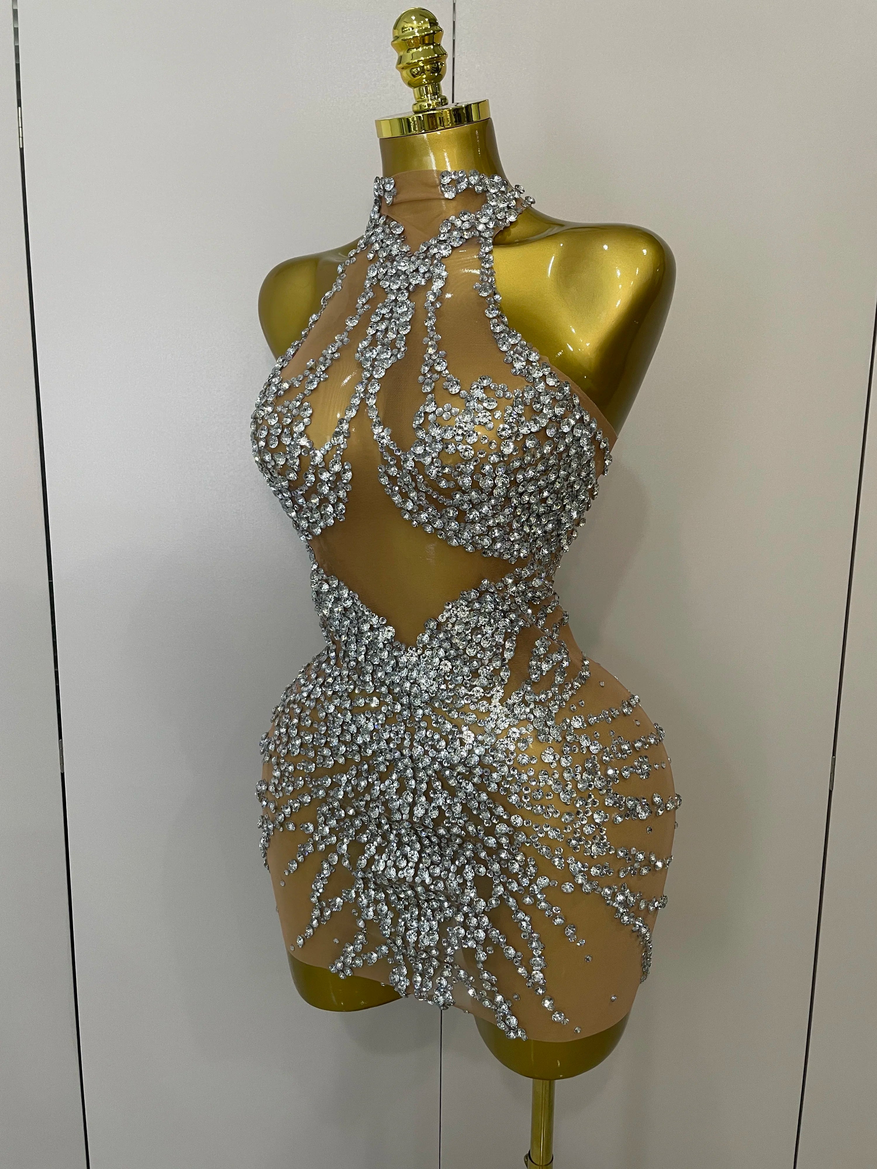 STOCK Sparkly Rhinestones Sexy Mesh See Through Dress Party Evening Prom Celebrate Birthday Dress Singer Dancer Show Stage Wear