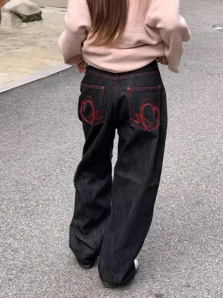 High Waist Wide Leg Red Stitching Jeans
