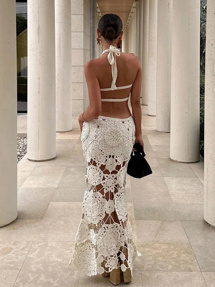 Chic Flower Halter Knitted Dress For Women Sexy