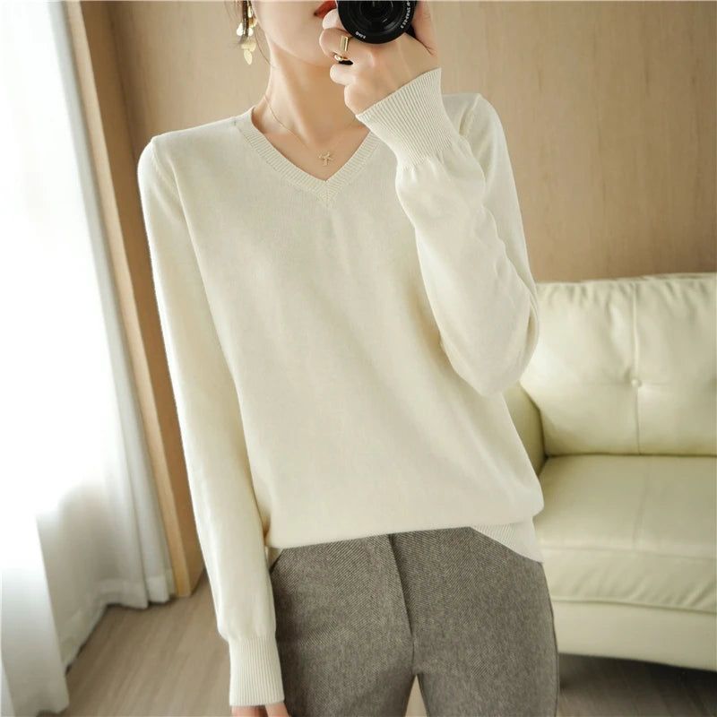 Peach V-Neck Knitted Sweater for Women