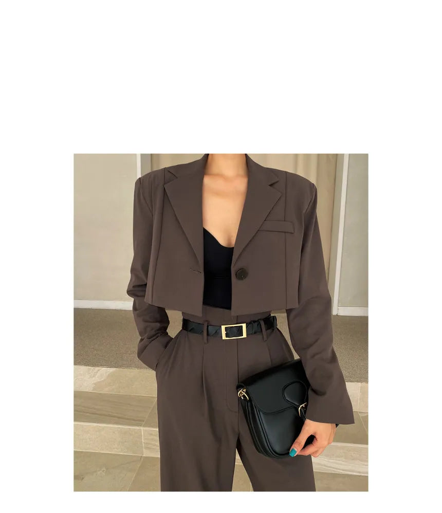 Chic Retro Lapel ort One Button Suit Jaet High Waist Wide Leg Pants