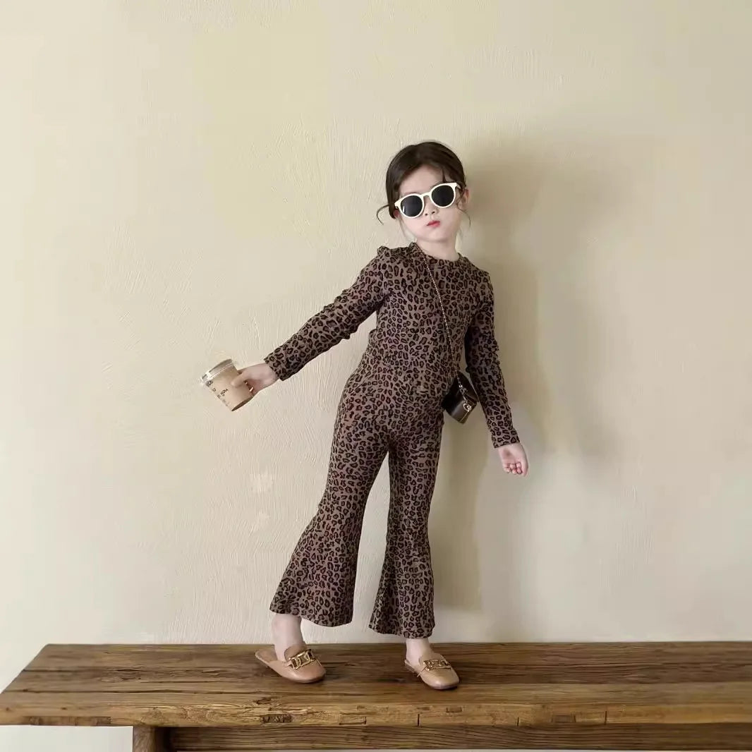Girls Long-Sleeved Leopard Two-Piece Set