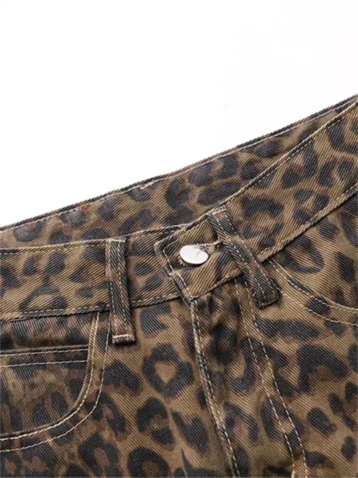 Tan Leopard Wide Leg Streetwear Jeans