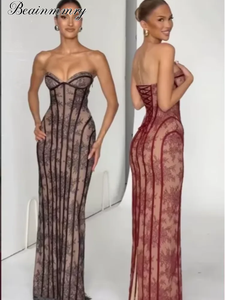 Chic Gauze Fishbone Strapless Dress Women Backless Off-shoulder Waist Cinching Slim Maxi Vestidos 2026 Lady Evening Party Gowns
