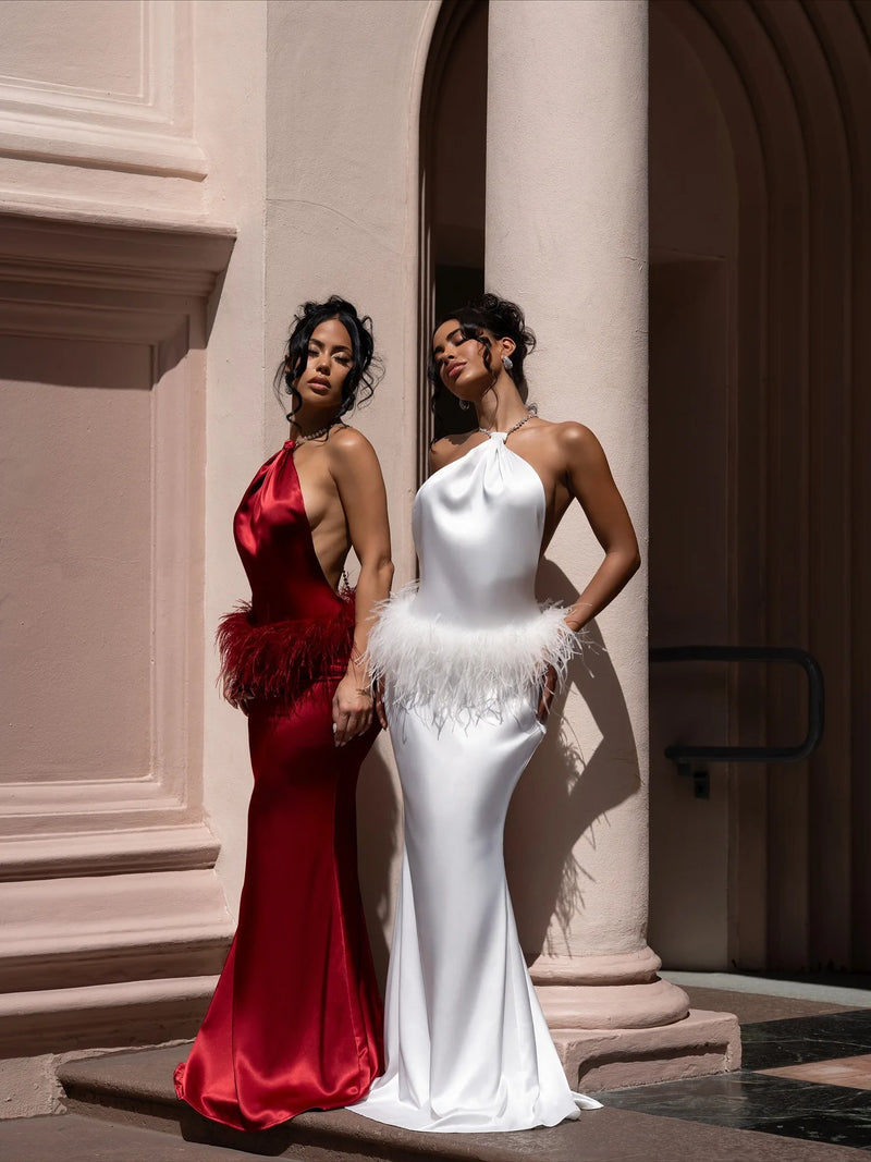 Sexy Satin Mermaid Evening Gown Halter Neck Beaded Knot Feather