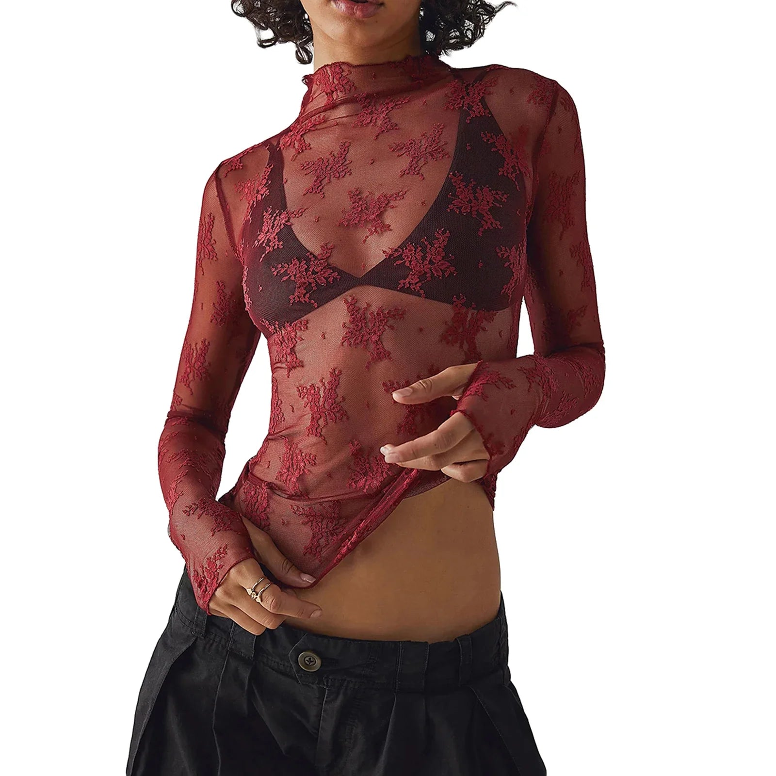 Sexy Sheer Mesh Long Sleeve Crop Top for Women Mock Neck Floral Lace Tshirt Fairy Coquette See Through Tees Blouse Cover-ups
