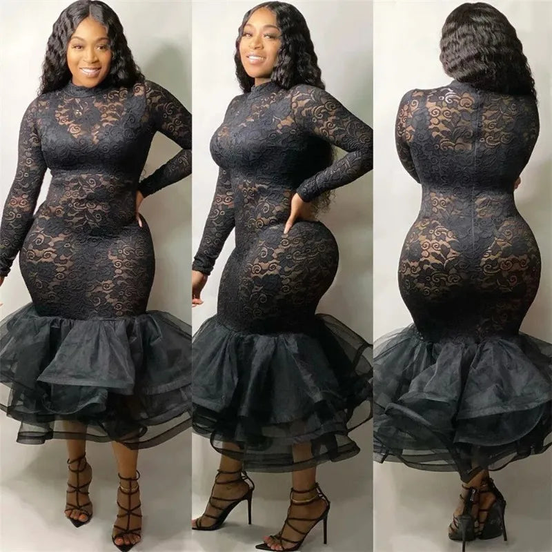 Sexy Night Party Wedding Evening Lace Dress Women See-through Hollow Out Cascading Ruffle Mermaid Bodycon Midi Dress Vestidos