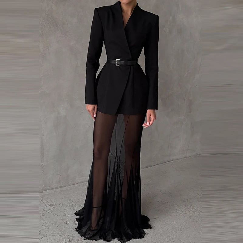 Ladies Fashion Solid Long Sleeve Blazer +Mermaid Skirts Suit 2025 Women Transparent Mesh Two Piece Set Elegant Banquet Outfits
