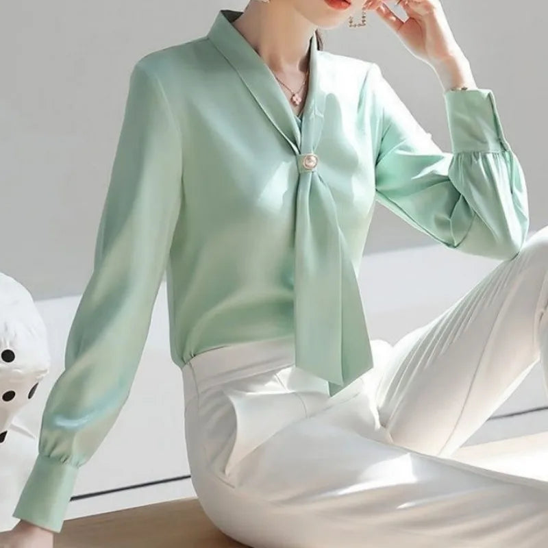 Spring Autumn Bow Tie Collar Blouse