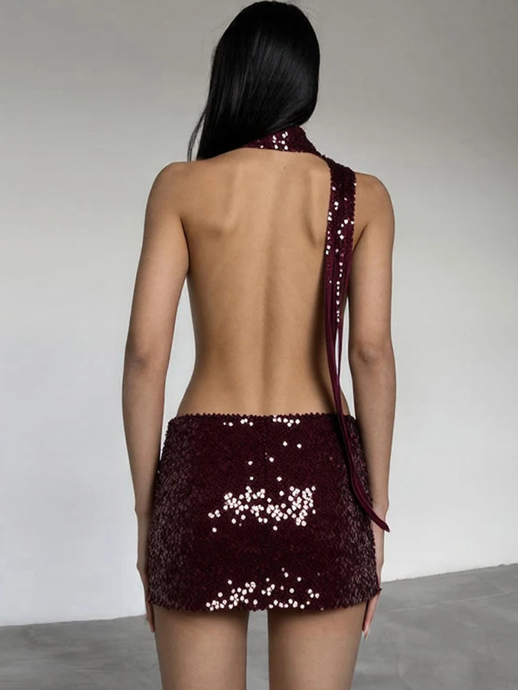 Nibber Coquettish Shiny Sequins Dress Women Halter Scarf+Sexy Deep V-Neck Backless Sleeveless Ruched Ribbon Club Hottie Outfits