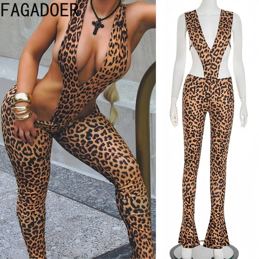 FAGADOER Sexy Leopard Print Bodycon 2 Pieces Set for Woman Deep V-neck Hollow Out Playsuits and  Pants Outfits Female Streetwear